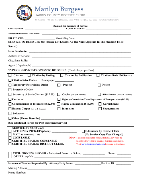Request for Issuance of Service - Harris County, Texas Download Pdf