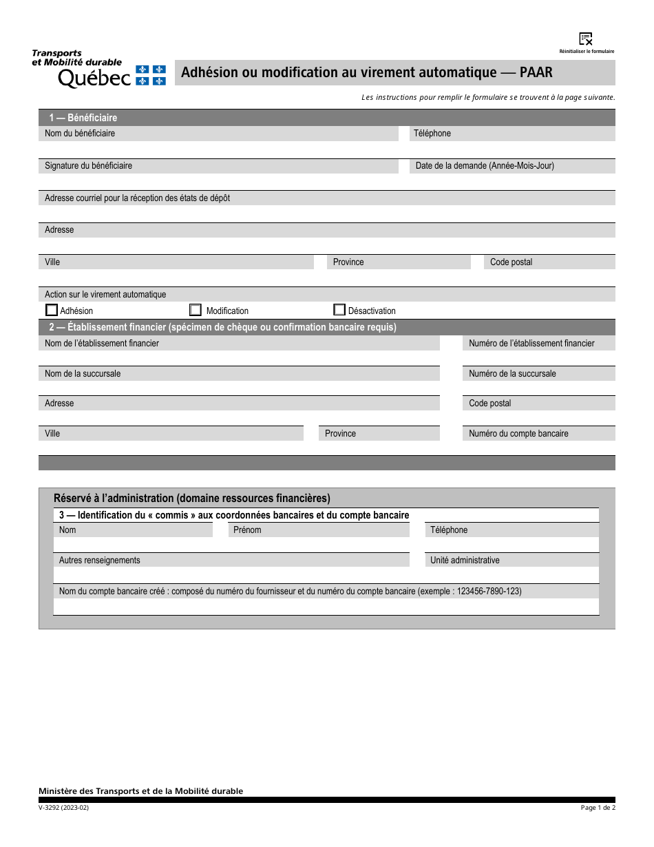 Forme V-3292 Adhesion Ou Modification Au Virement Automatique - Paar - Quebec, Canada (French), Page 1