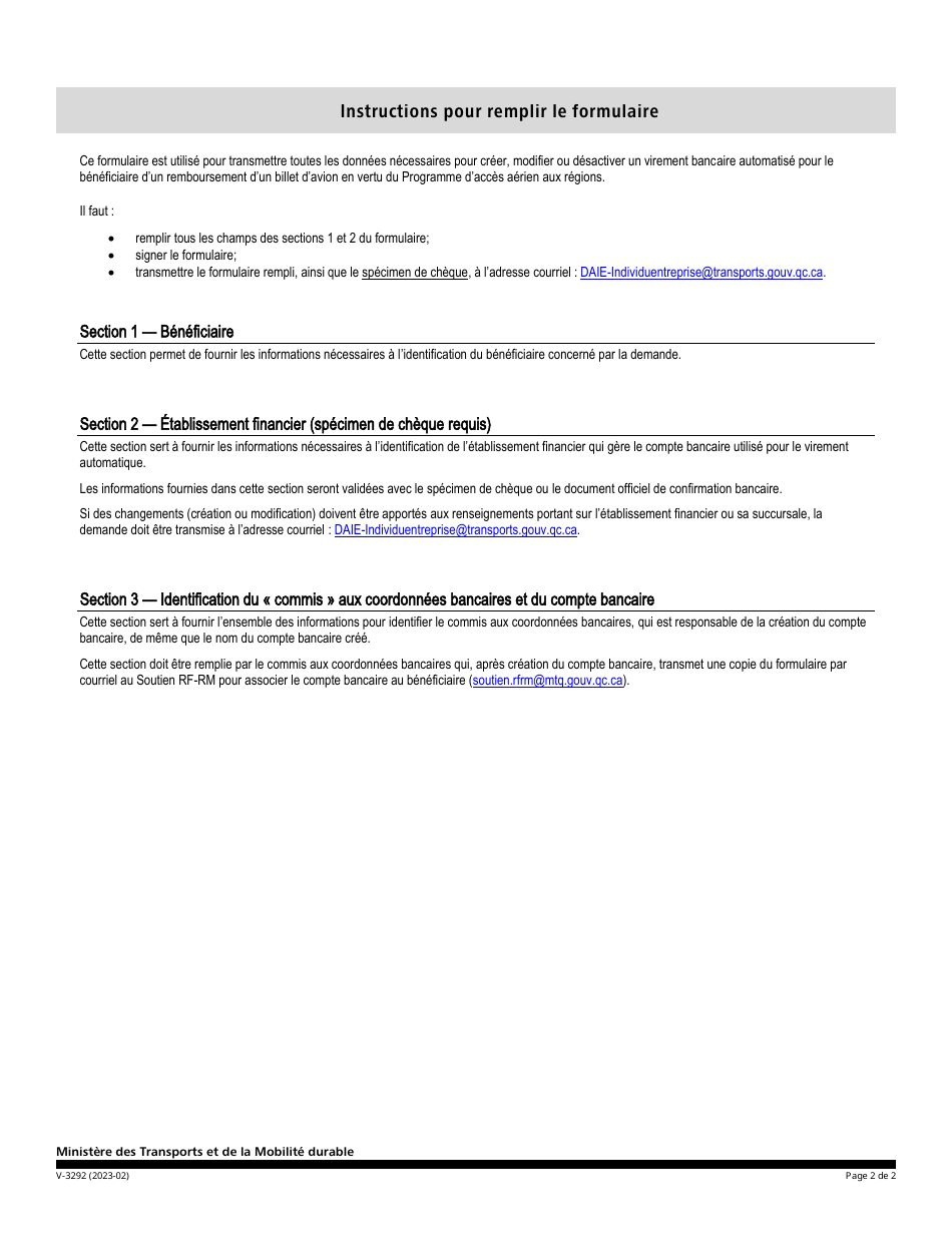 Forme V-3292 Adhesion Ou Modification Au Virement Automatique - Paar - Quebec, Canada (French), Page 2