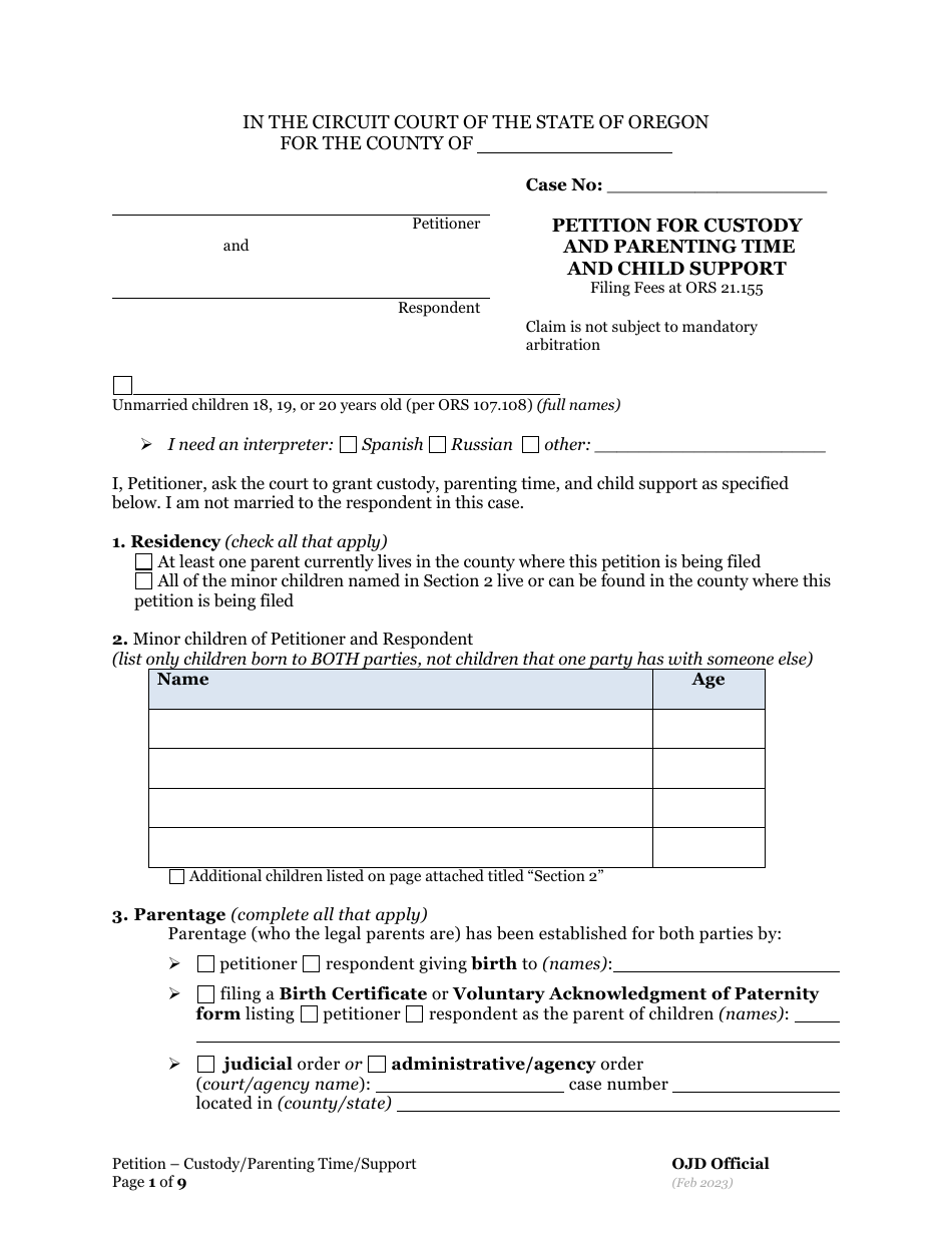 Petition for Custody and Parenting Time and Child Support - Oregon, Page 1