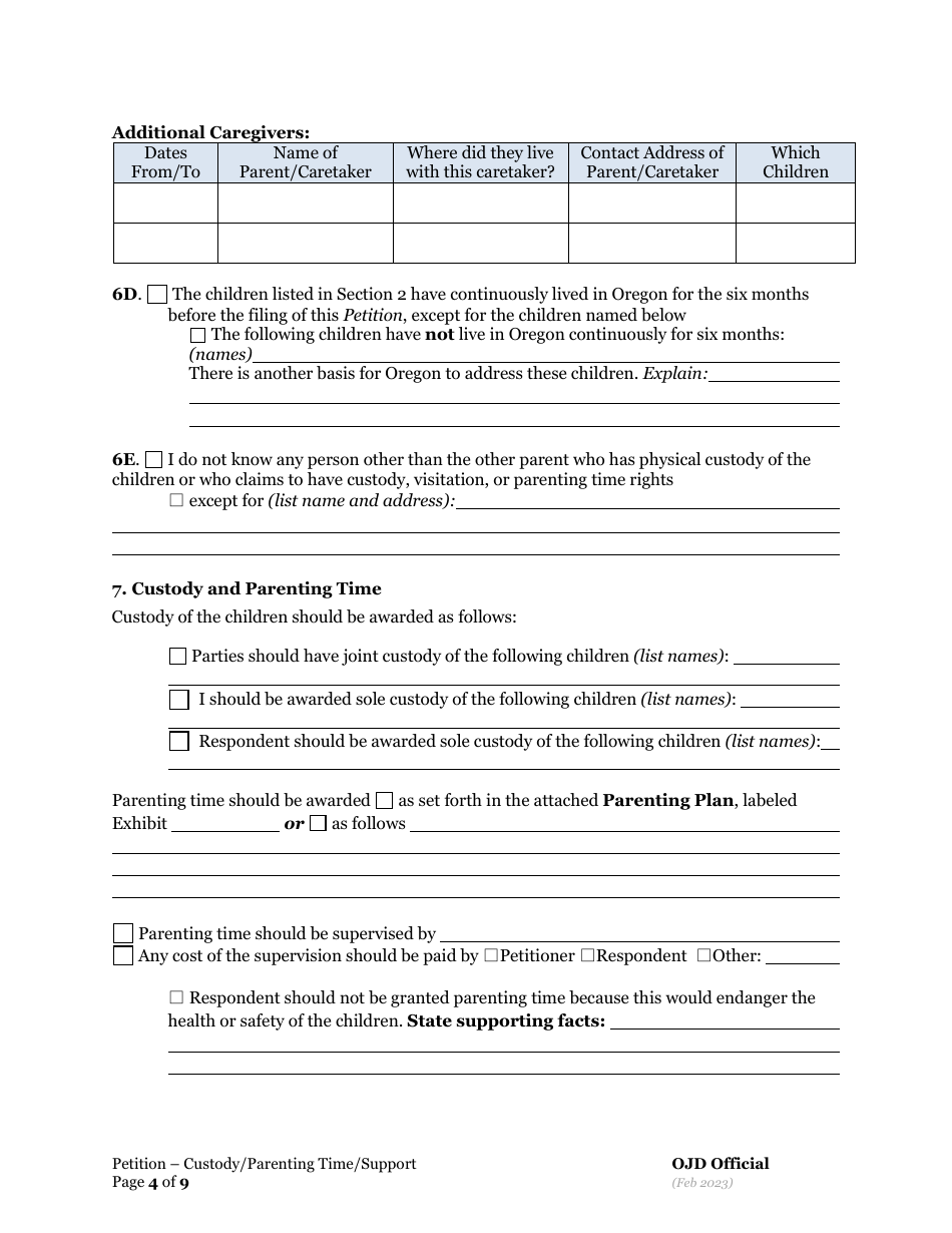 Petition for Custody and Parenting Time and Child Support - Oregon, Page 4