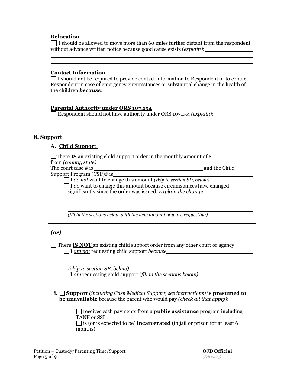Petition for Custody and Parenting Time and Child Support - Oregon, Page 5