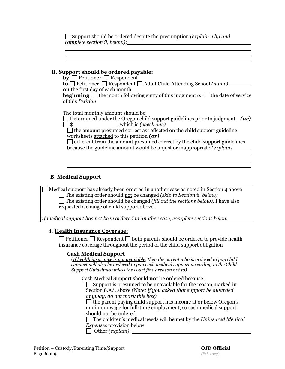 Petition for Custody and Parenting Time and Child Support - Oregon, Page 6