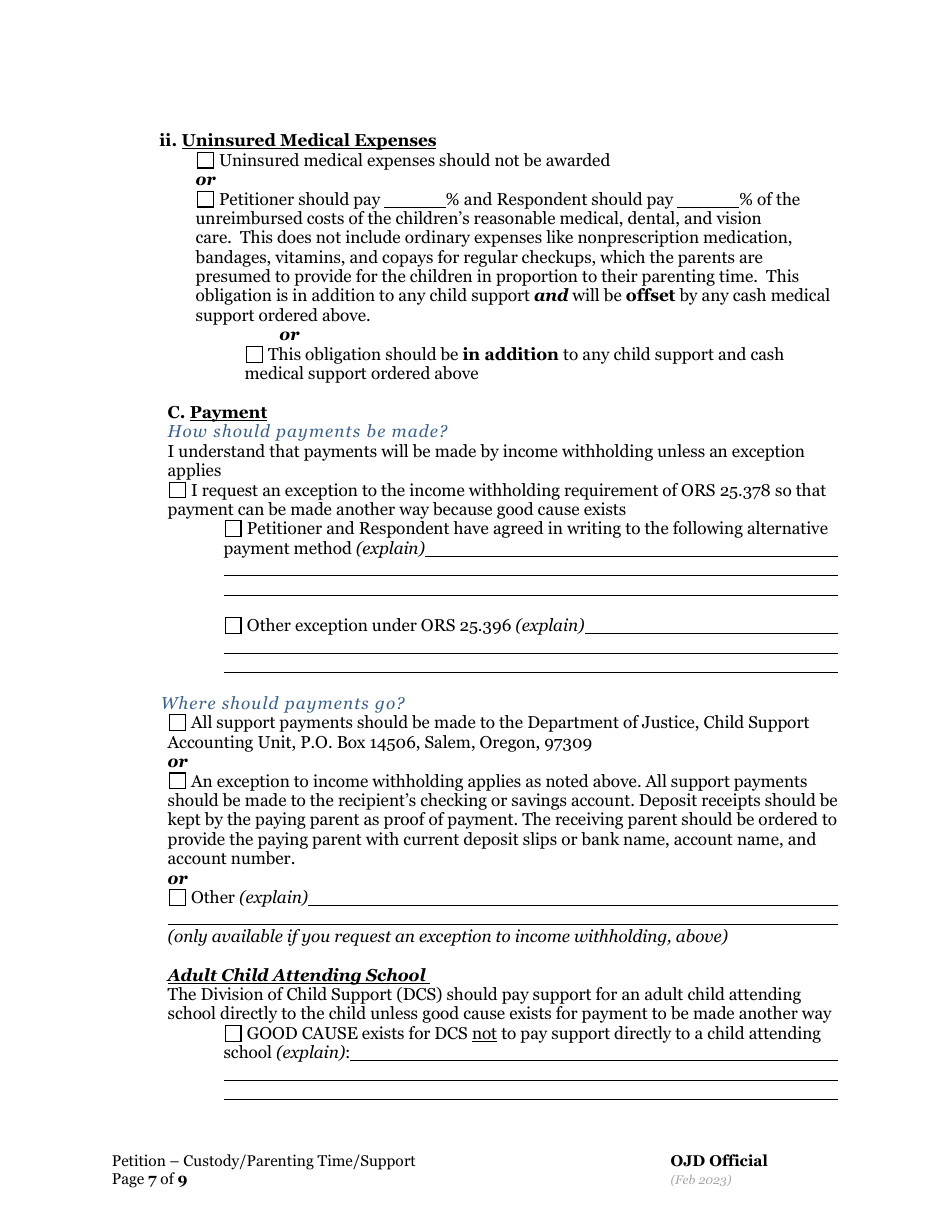 Petition for Custody and Parenting Time and Child Support - Oregon, Page 7