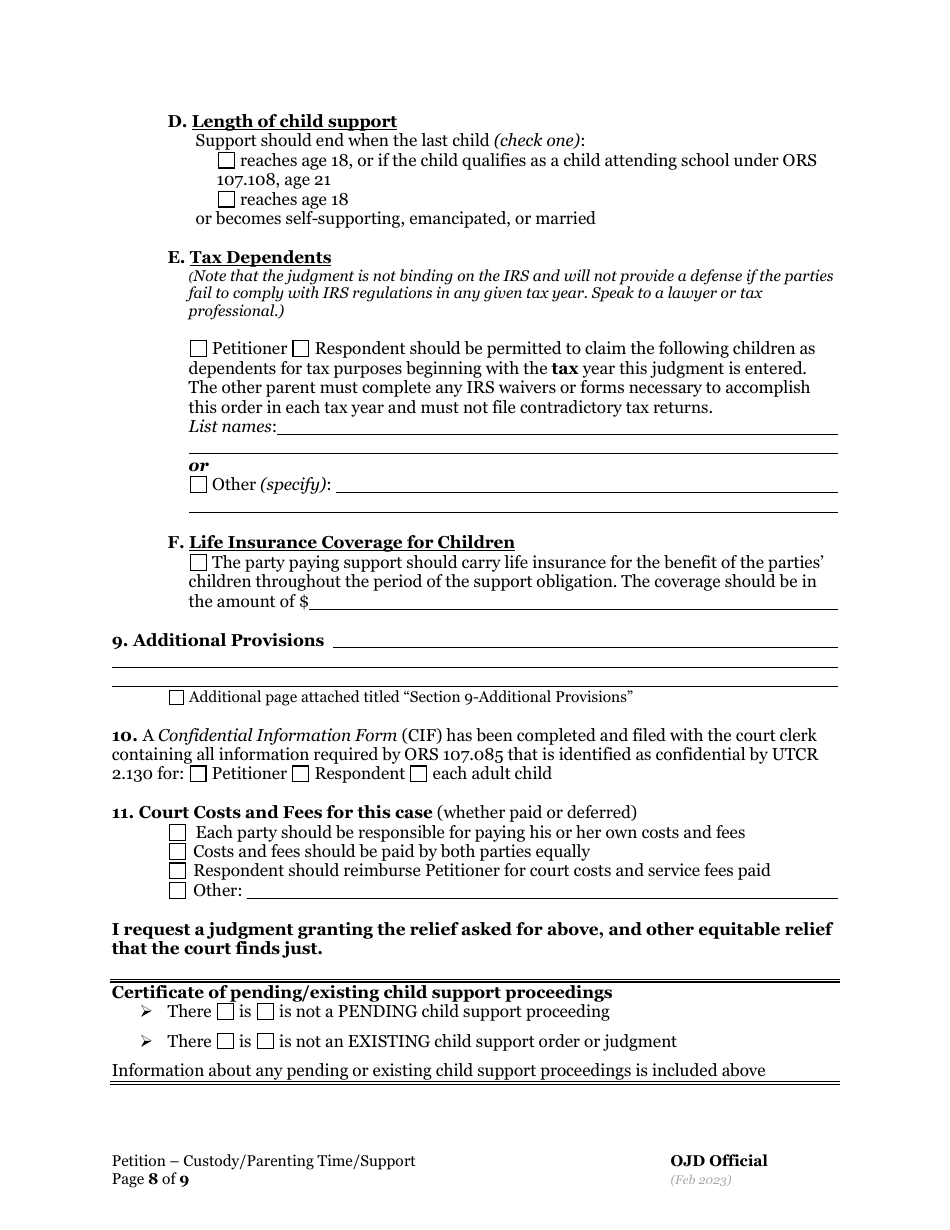 Petition for Custody and Parenting Time and Child Support - Oregon, Page 8