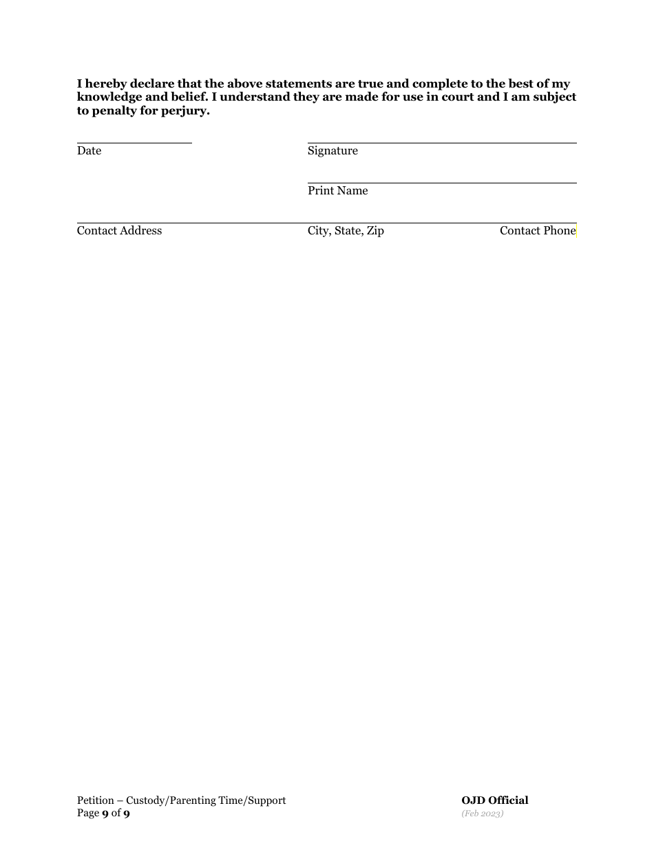 Petition for Custody and Parenting Time and Child Support - Oregon, Page 9