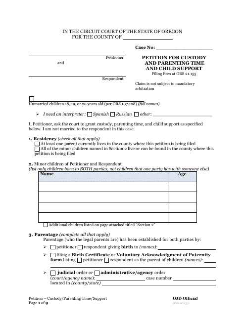 Petition for Custody and Parenting Time and Child Support - Oregon Download Pdf