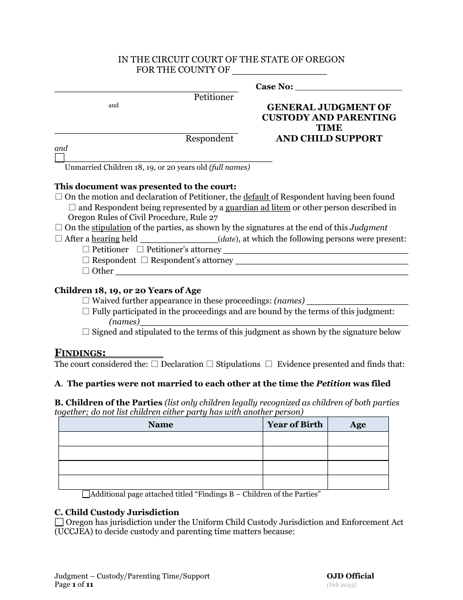 General Judgment of Custody and Parenting Time and Child Support - Oregon, Page 1