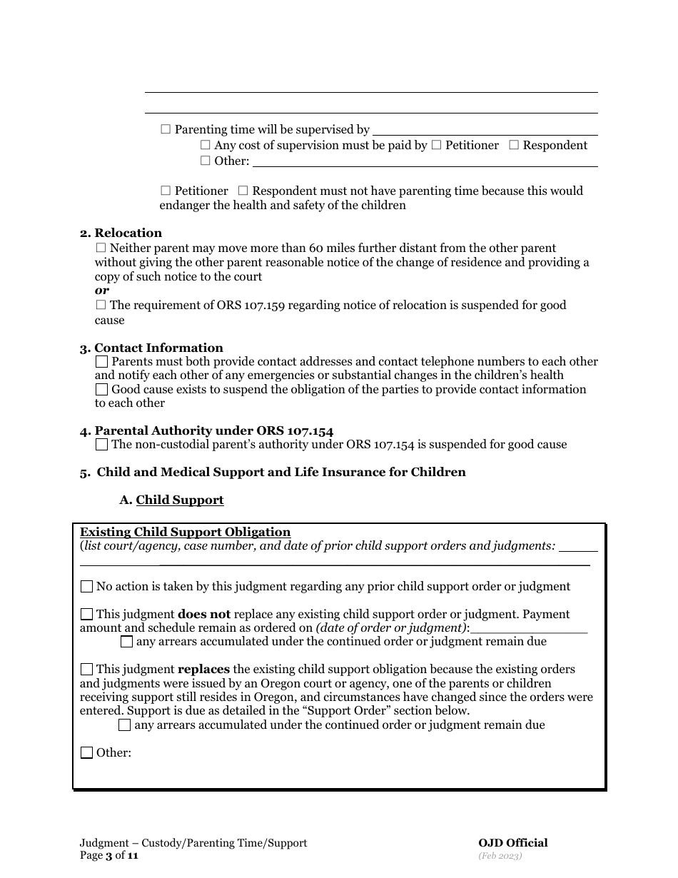General Judgment of Custody and Parenting Time and Child Support - Oregon, Page 3