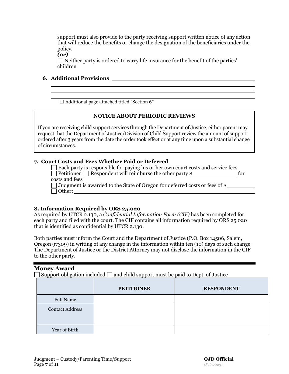 General Judgment of Custody and Parenting Time and Child Support - Oregon, Page 7