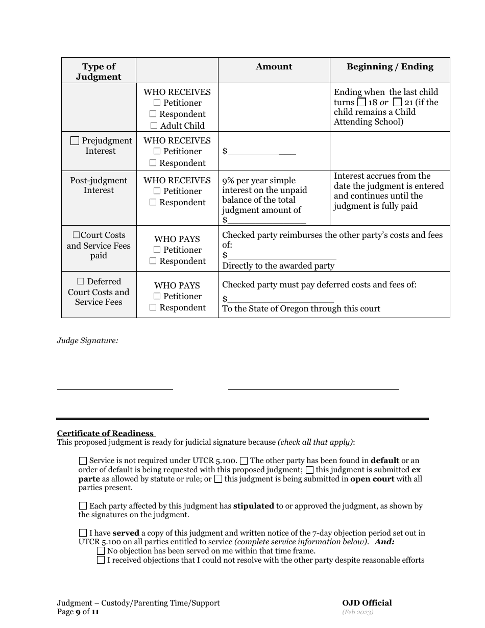 General Judgment of Custody and Parenting Time and Child Support - Oregon, Page 9