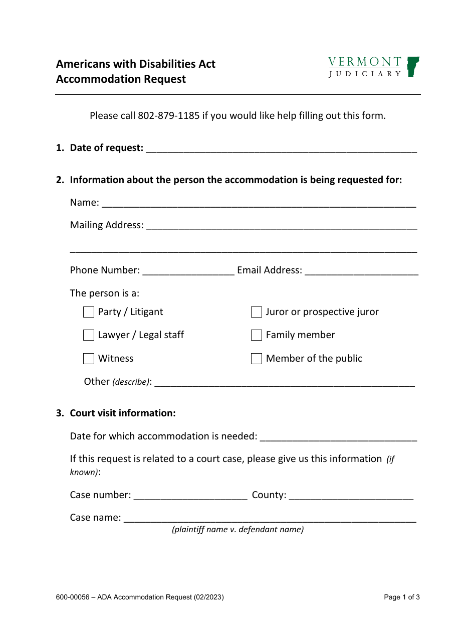 Form 600-00056 Americans With Disabilities Act Accommodation Request - Vermont, Page 1