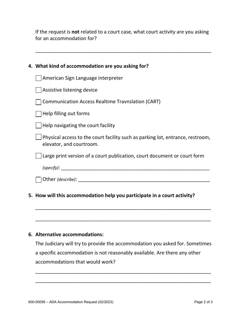 Form 600-00056 Americans With Disabilities Act Accommodation Request - Vermont, Page 2