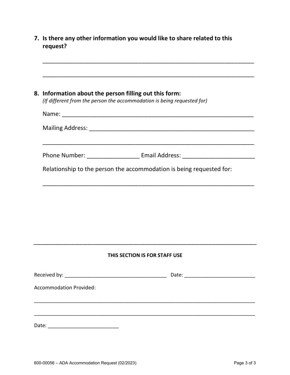 Form 600-00056 Americans With Disabilities Act Accommodation Request - Vermont, Page 3