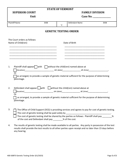 Form 400-00870 Genetic Testing Order - Vermont