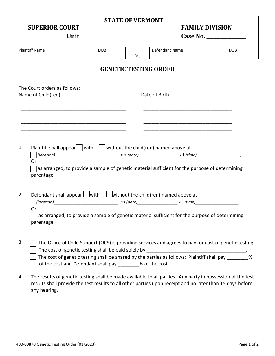 Form 400-00870 Genetic Testing Order - Vermont, Page 1