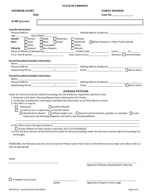 Form 400-00110 Juvenile Petition - Vermont