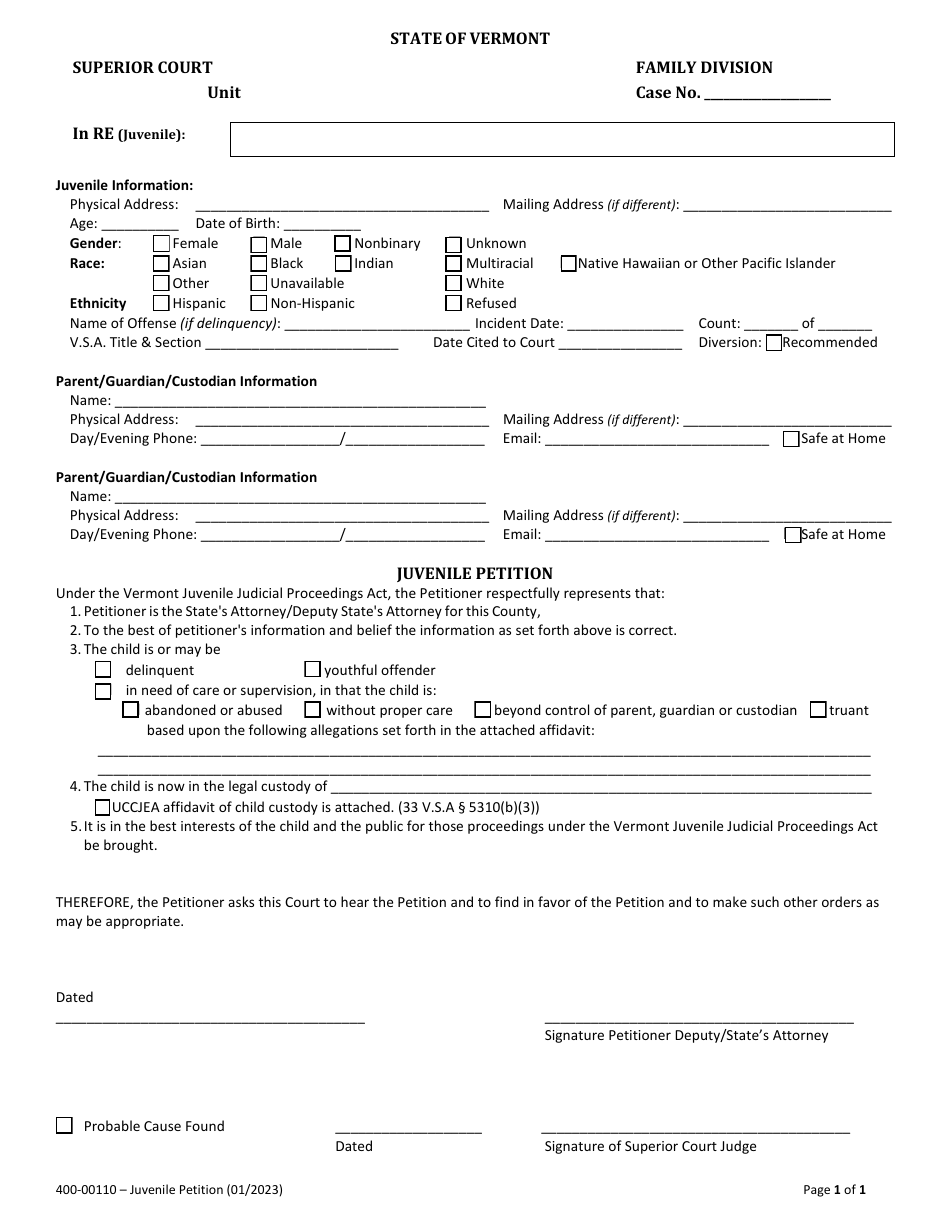 Form 400-00110 Juvenile Petition - Vermont, Page 1