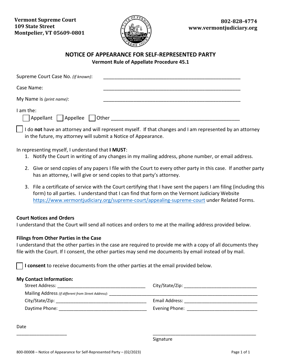 Form 800-00008 Notice of Appearance for Self-represented Party - Vermont, Page 1