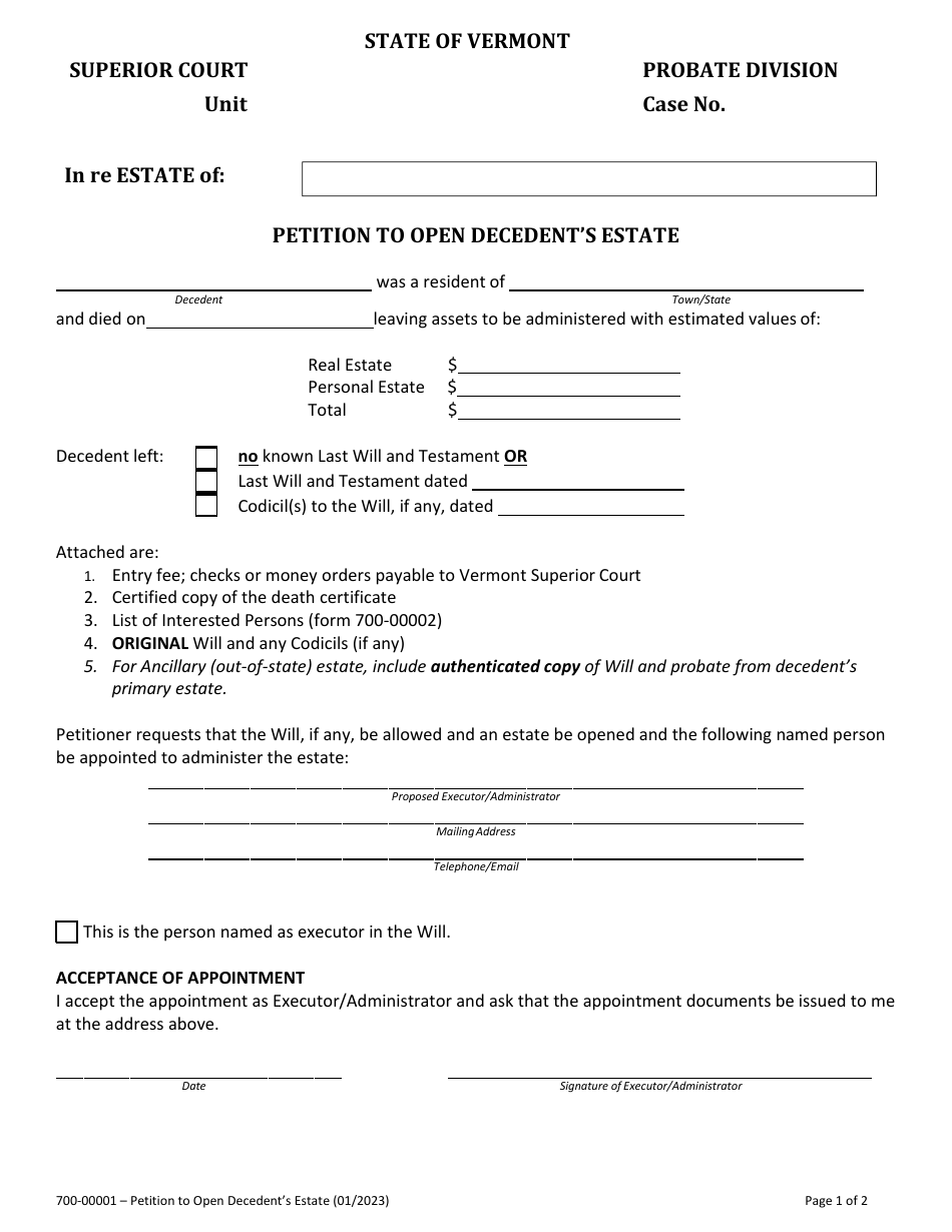 Form 700-00001 Petition to Open Decedents Estate - Vermont, Page 1