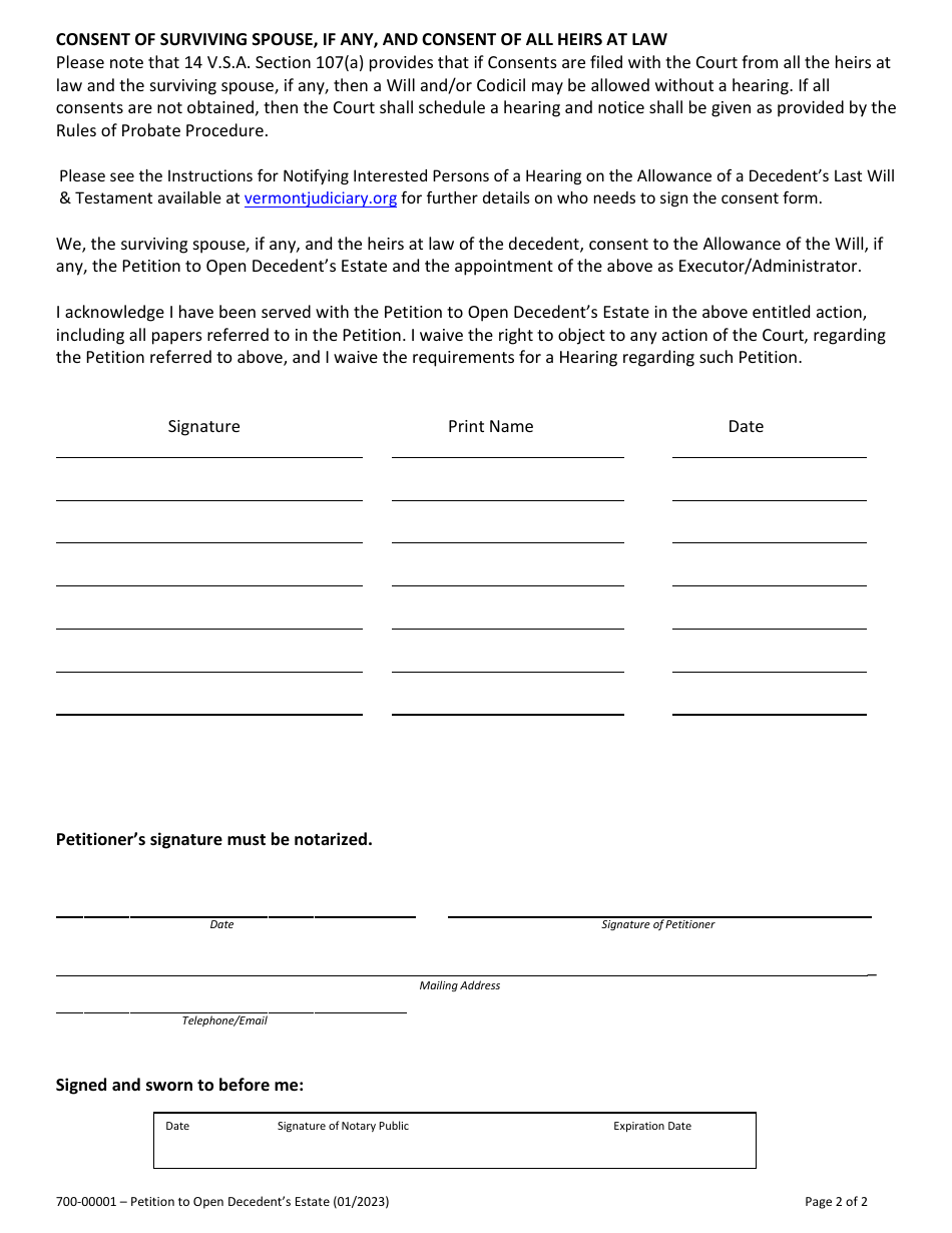 Form 700-00001 Petition to Open Decedents Estate - Vermont, Page 2