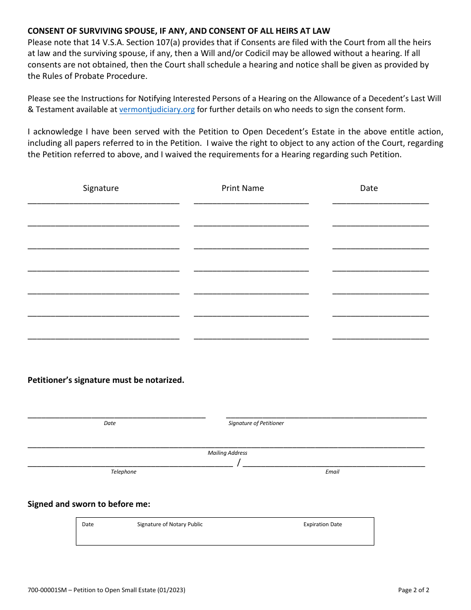 Form 700-00001SM Petition to Open Small Estate - Vermont, Page 2