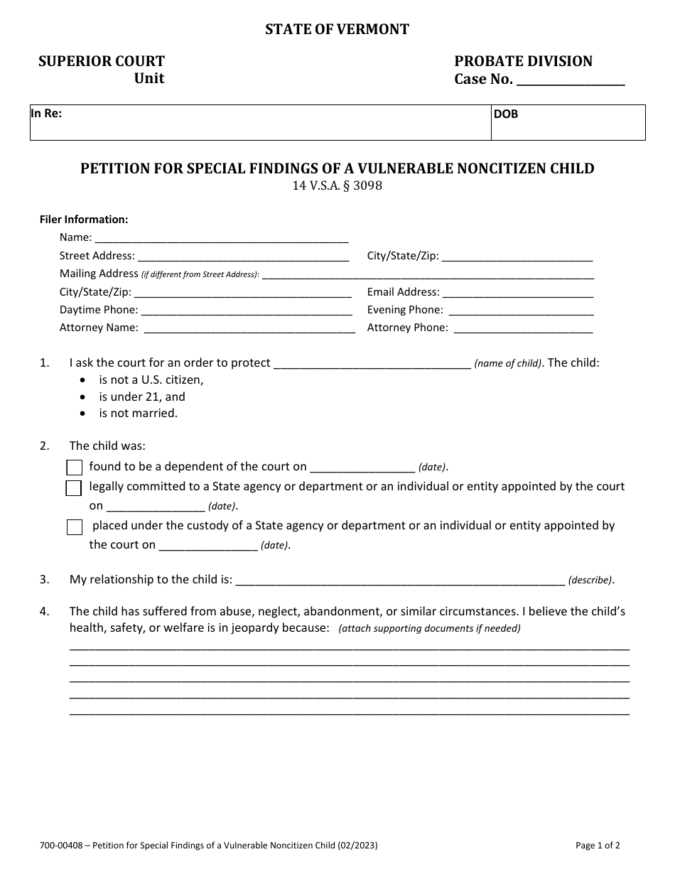 Form 700-00408 Petition for Special Findings of a Vulnerable Noncitizen Child - Vermont, Page 1