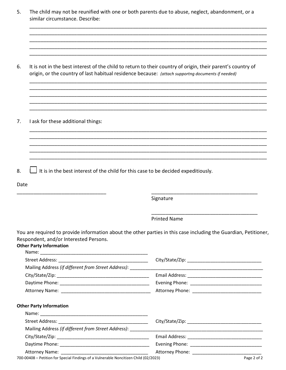 Form 700-00408 Petition for Special Findings of a Vulnerable Noncitizen Child - Vermont, Page 2