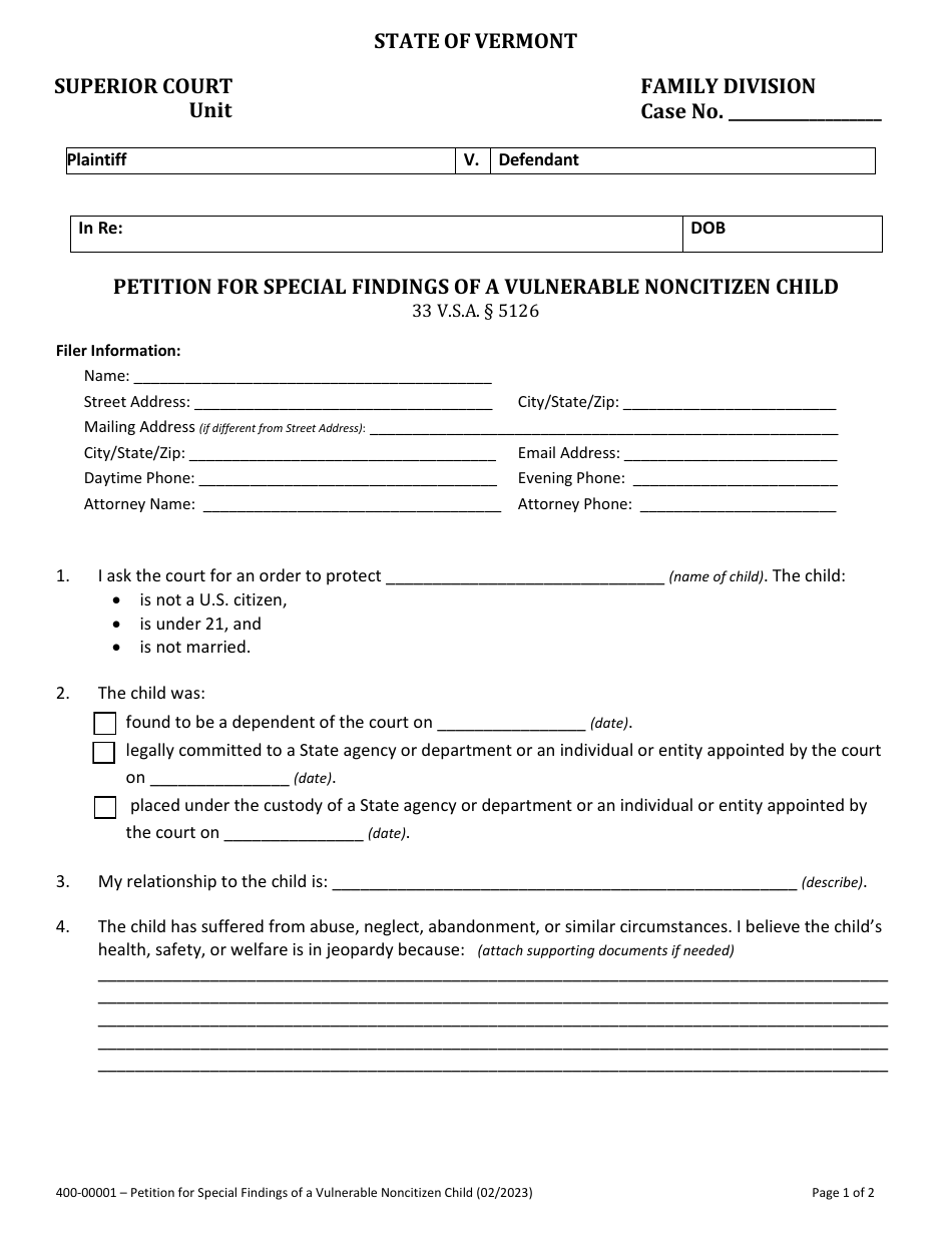 Form 400-00001 Petition for Special Findings of a Vulnerable Noncitizen Child - Vermont, Page 1