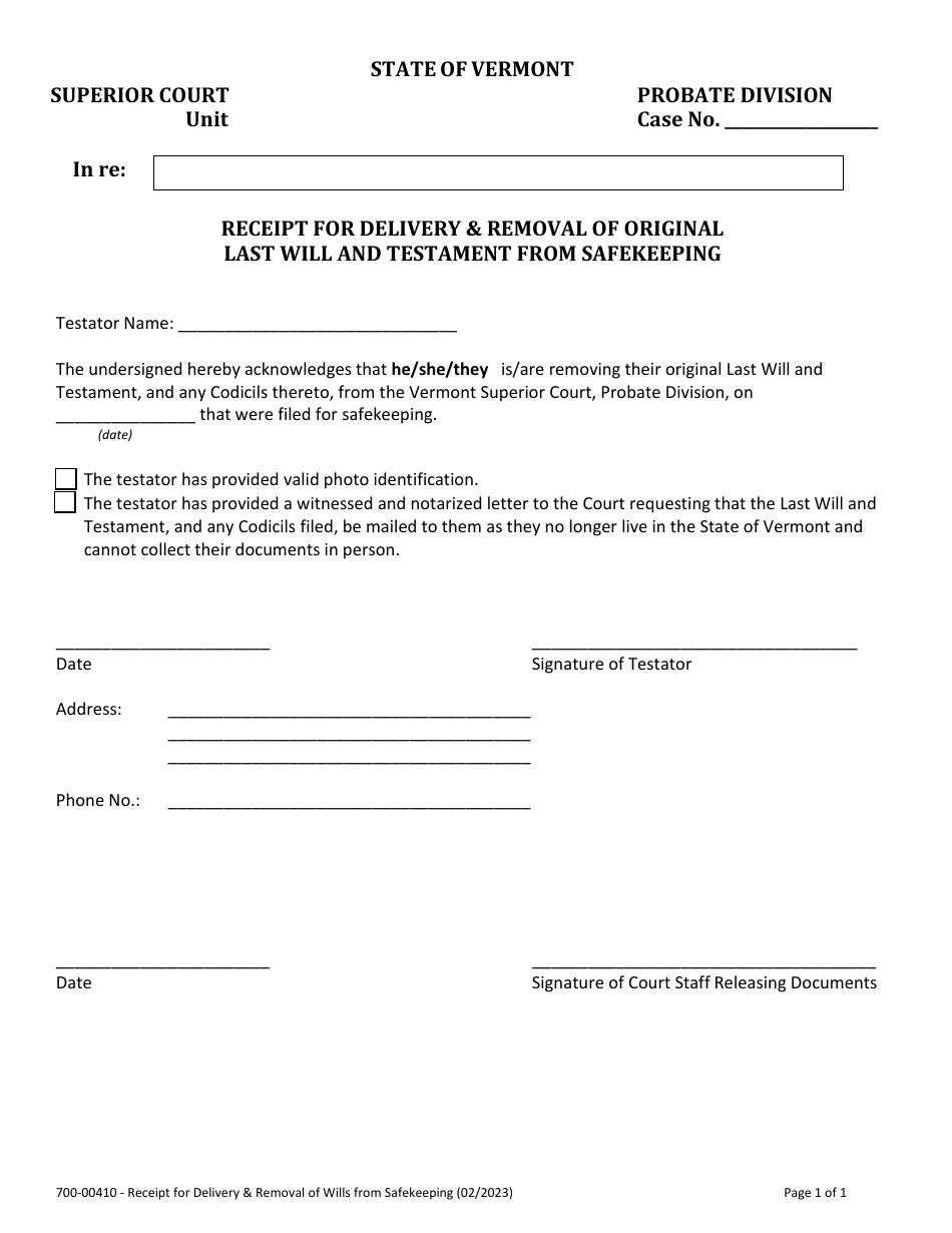 Form 700-00410 Receipt for Delivery  Removal of Original Last Will and Testament From Safekeeping - Vermont, Page 1