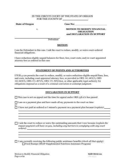 Motion to Modify Financial Obligation and Declaration in Support - Oregon Download Pdf