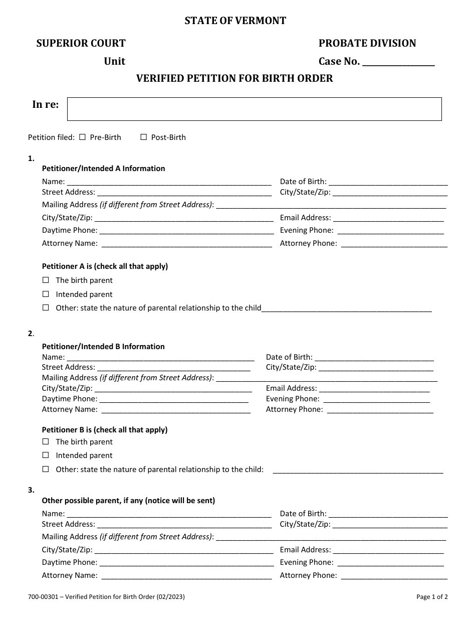 Form 700-00301 Verified Petition for Birth Order - Vermont, Page 1