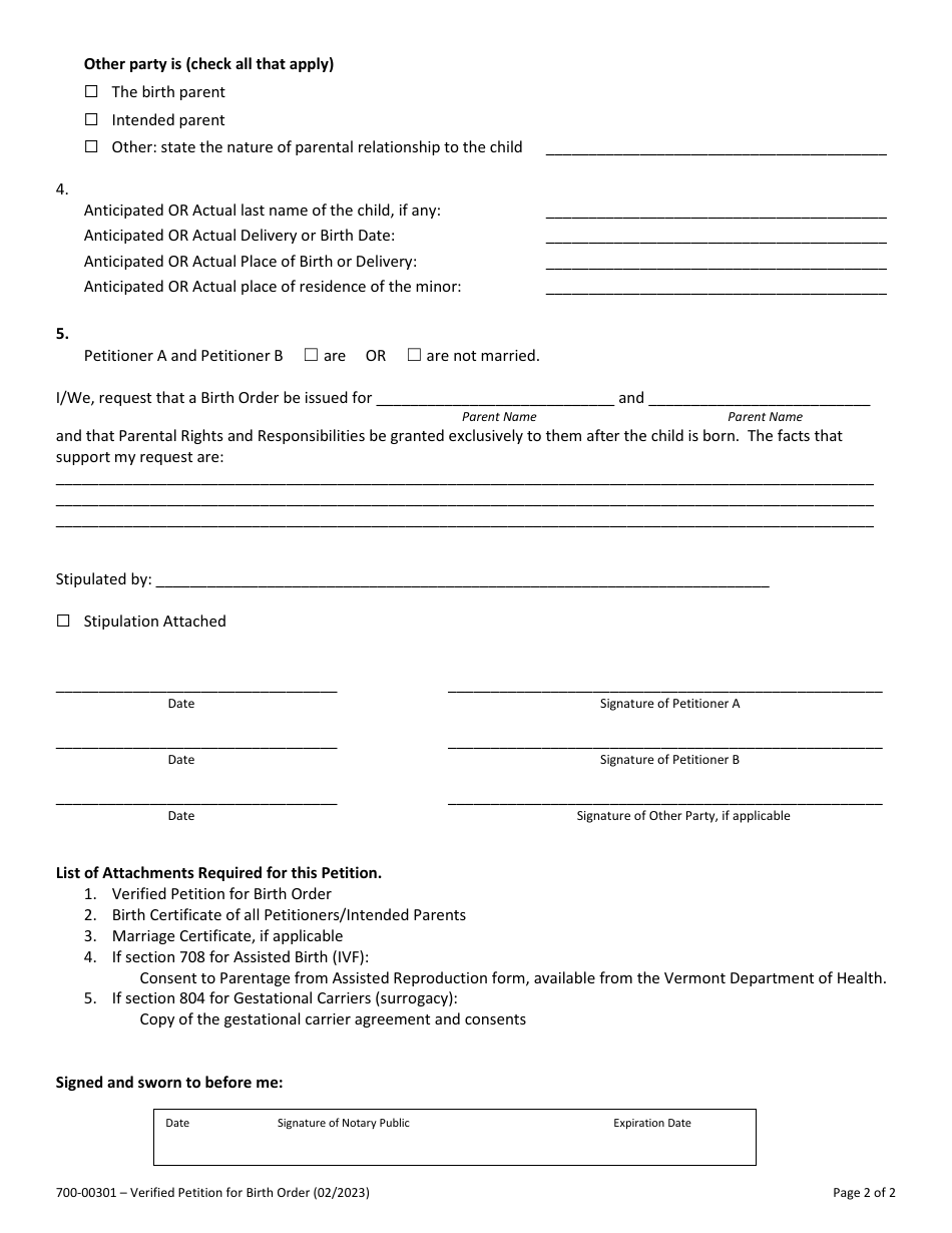 Form 700-00301 Verified Petition for Birth Order - Vermont, Page 2