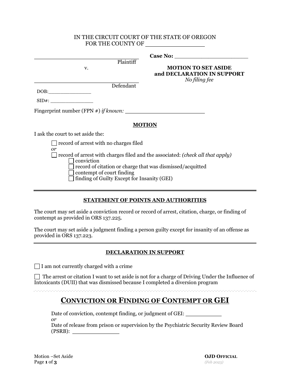 Oregon motion to set aside and declaration in support download