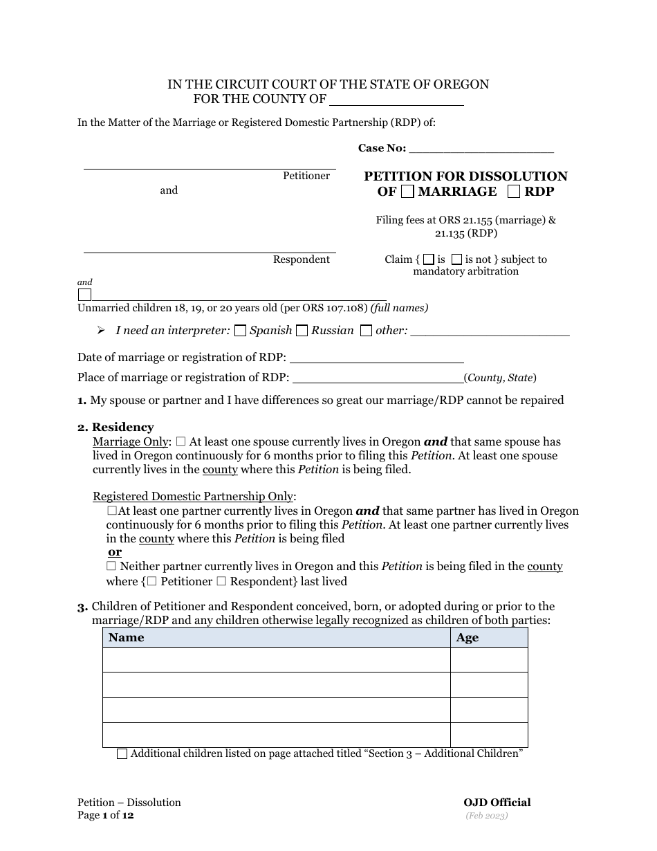 Petition for Dissolution of Marriage / Rdp With Children - Oregon, Page 1