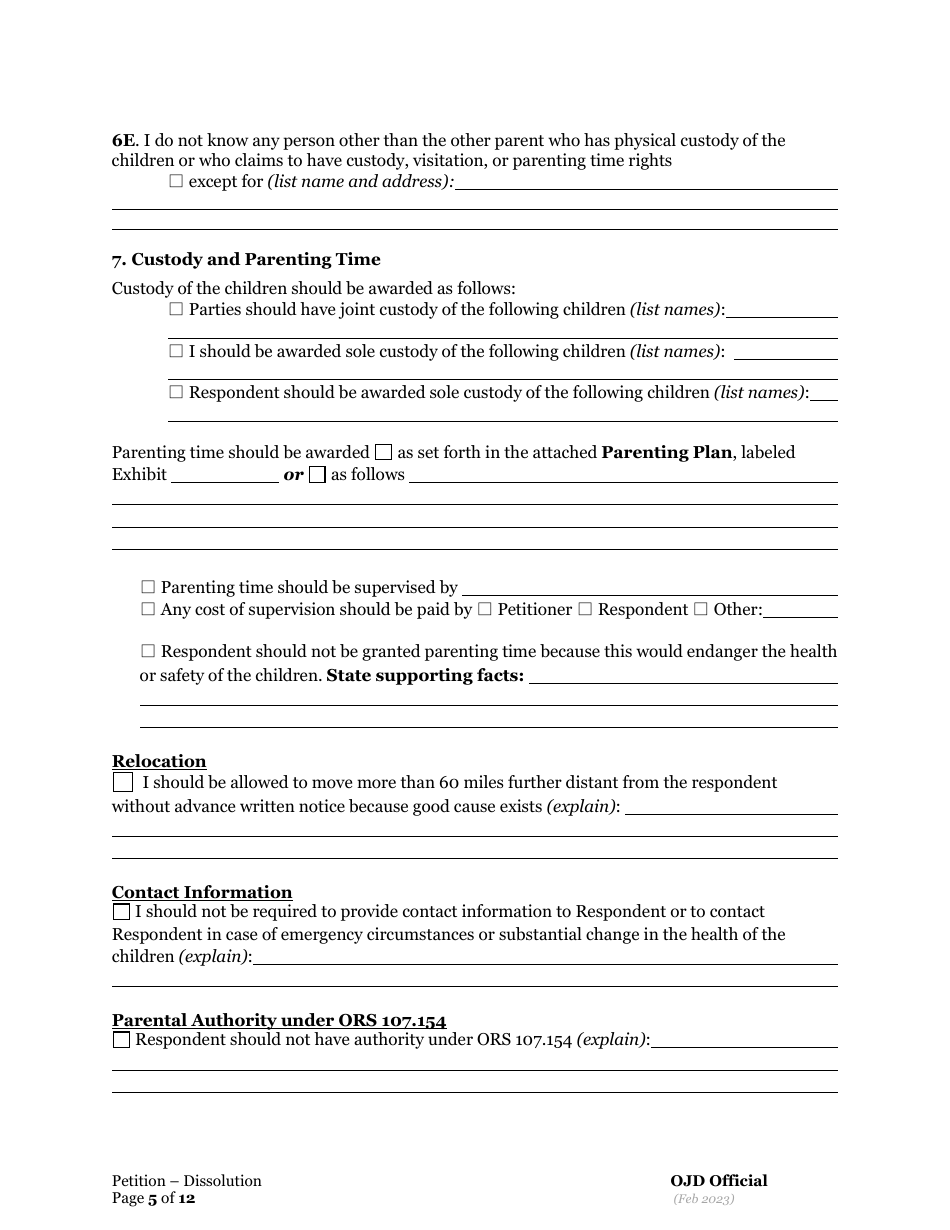 Petition for Dissolution of Marriage / Rdp With Children - Oregon, Page 5