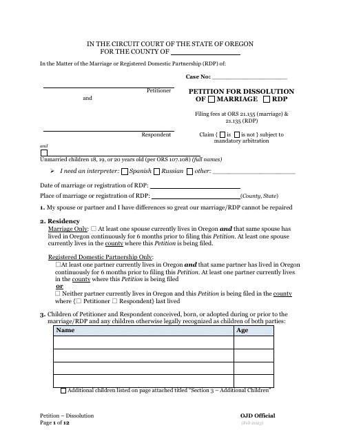 Petition for Dissolution of Marriage / Rdp With Children - Oregon Download Pdf
