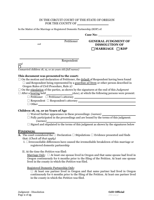 General Judgment of Dissolution of Marriage / Rdp With Children - Oregon Download Pdf