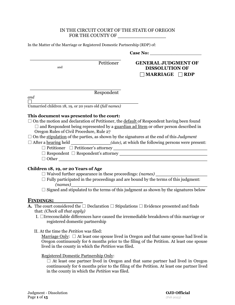 General Judgment of Dissolution of Marriage / Rdp With Children - Oregon, Page 1