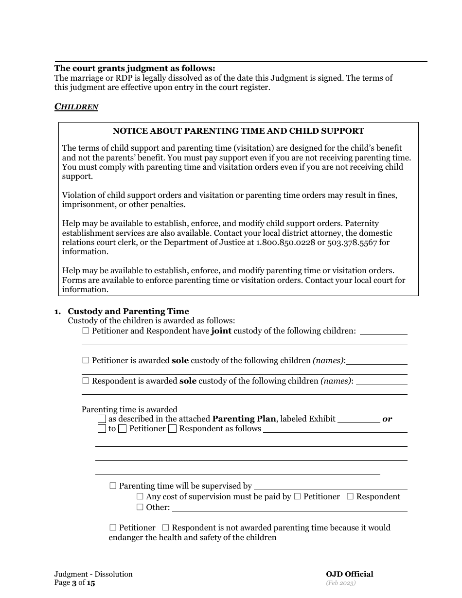 General Judgment of Dissolution of Marriage / Rdp With Children - Oregon, Page 3