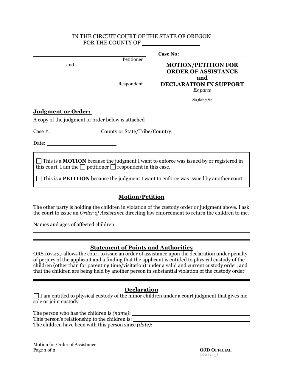 Oregon Motion/Petition For Order Of Assistance And Declaration In ...