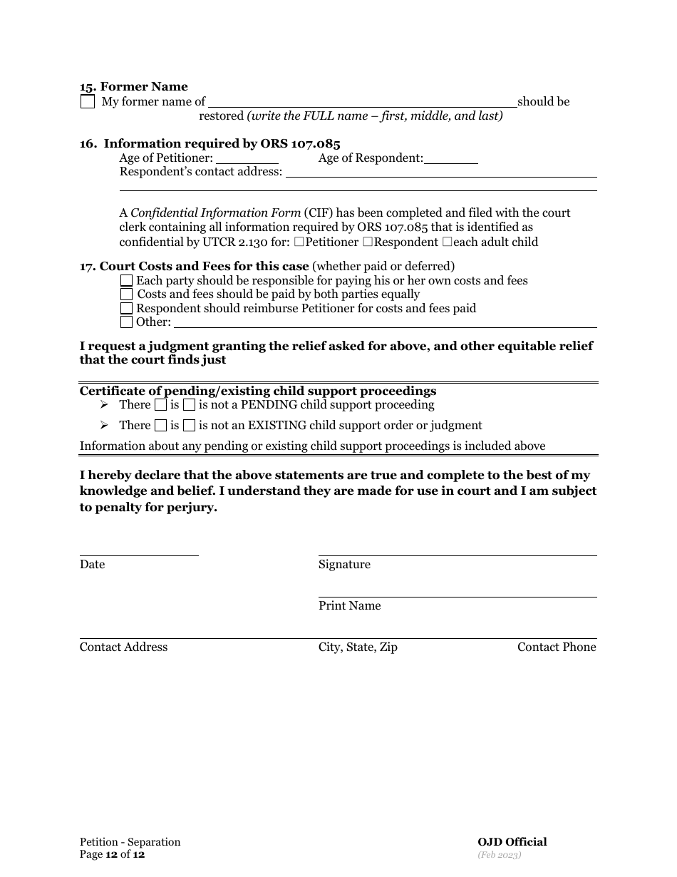 Petition for Separation of Marriage / Rdp With Children - Oregon, Page 12