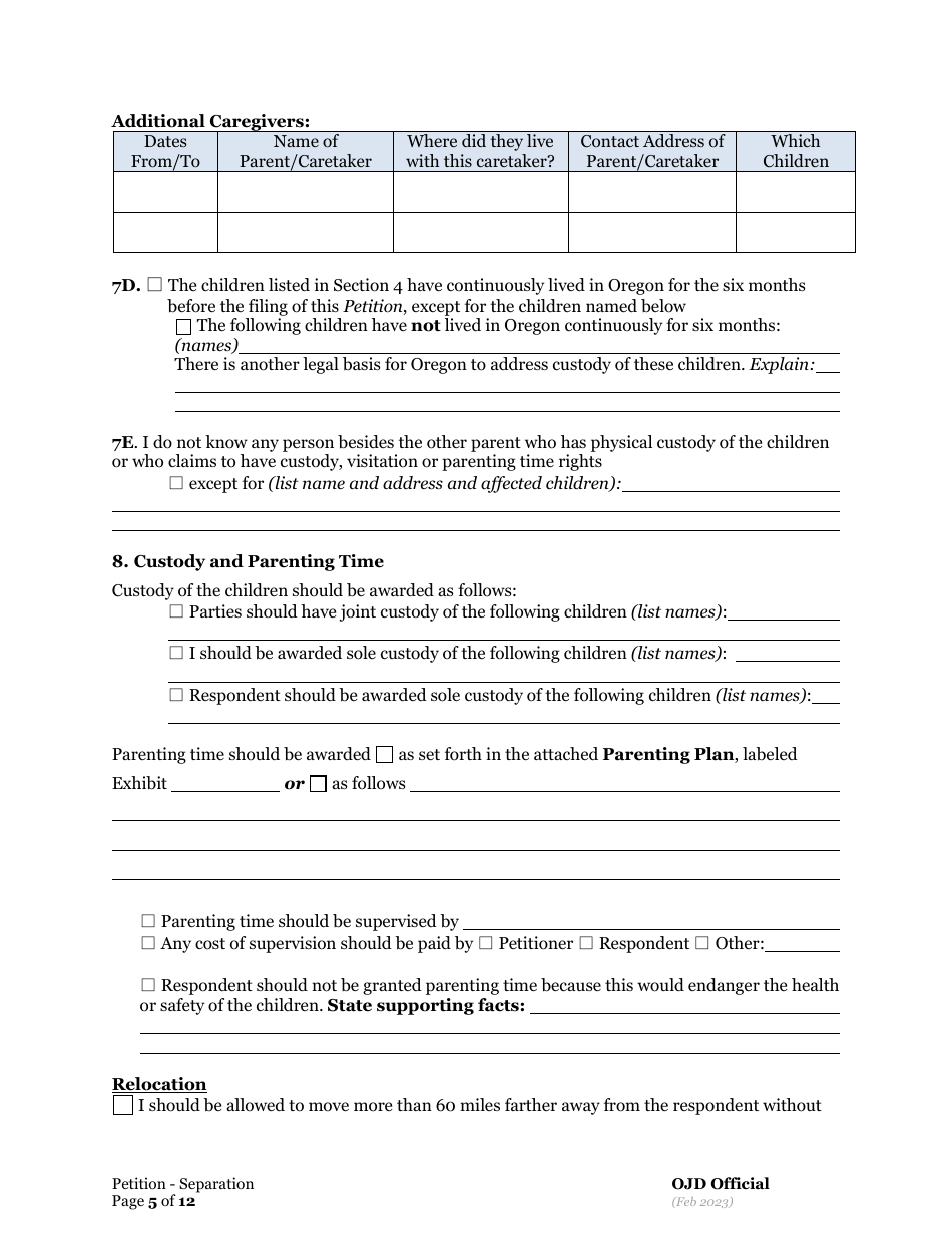 Petition for Separation of Marriage / Rdp With Children - Oregon, Page 5