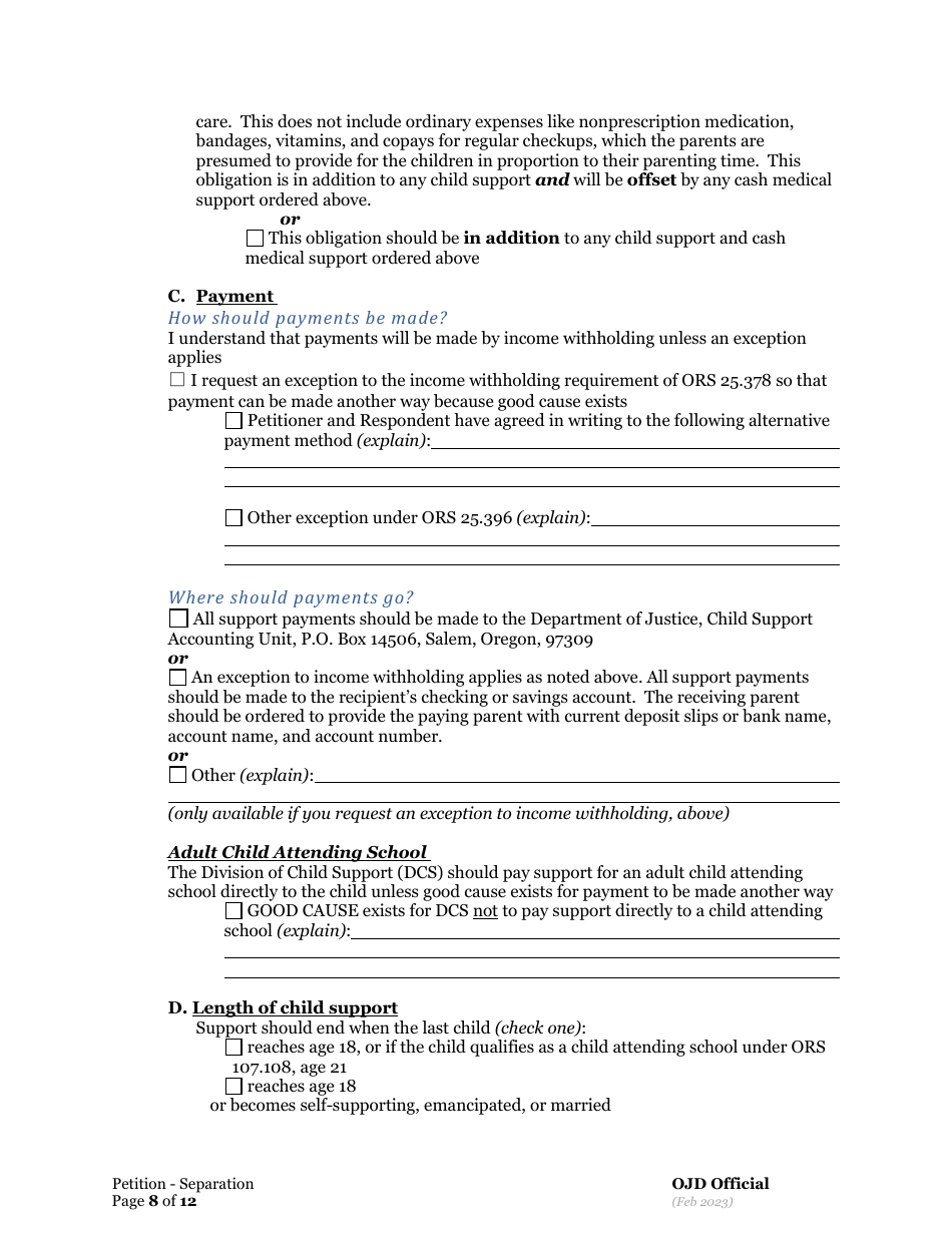 Petition for Separation of Marriage / Rdp With Children - Oregon, Page 8