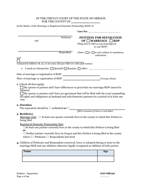 Petition for Separation of Marriage / Rdp With Children - Oregon Download Pdf