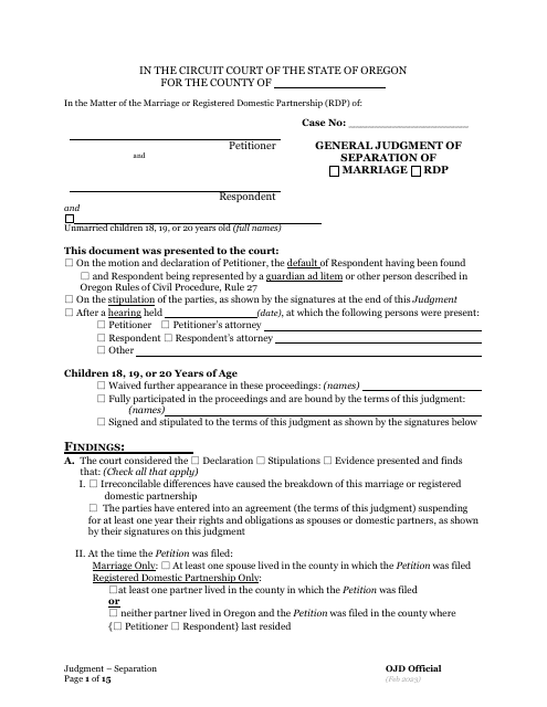 General Judgment of and Separation of Marriage / Rdp With Children - Oregon Download Pdf