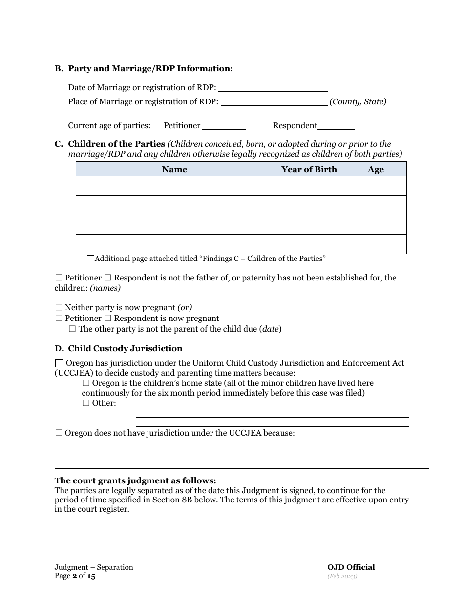 General Judgment of and Separation of Marriage / Rdp With Children - Oregon, Page 2