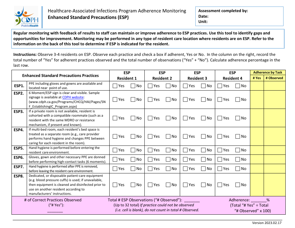 Healthcare-Associated Infections Program Adherence Monitoring Enhanced Standard Precautions (Esp) - California, Page 1