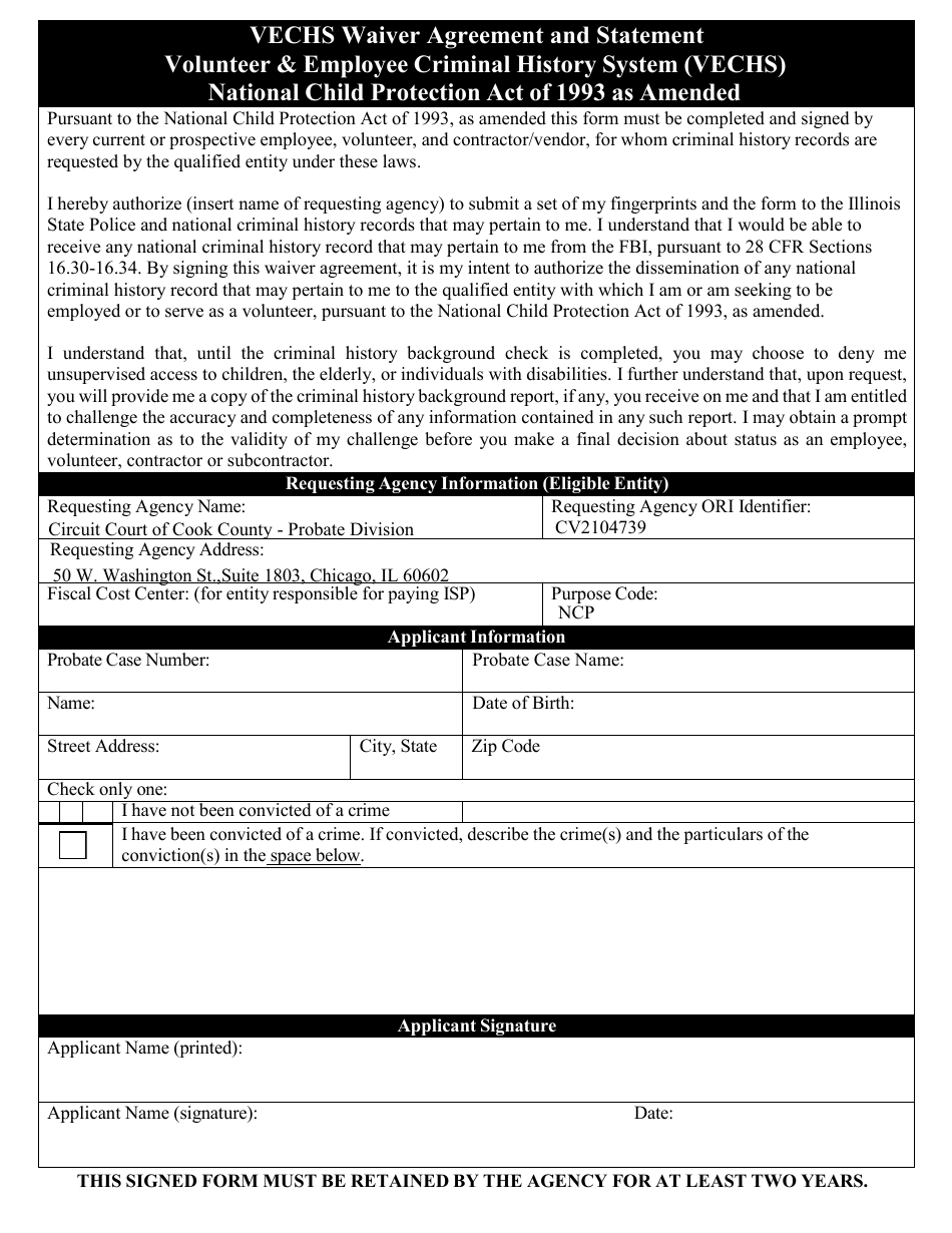 Form CCP0240 Vechs Waiver Agreement and Statement - Cook County, Illinois, Page 1