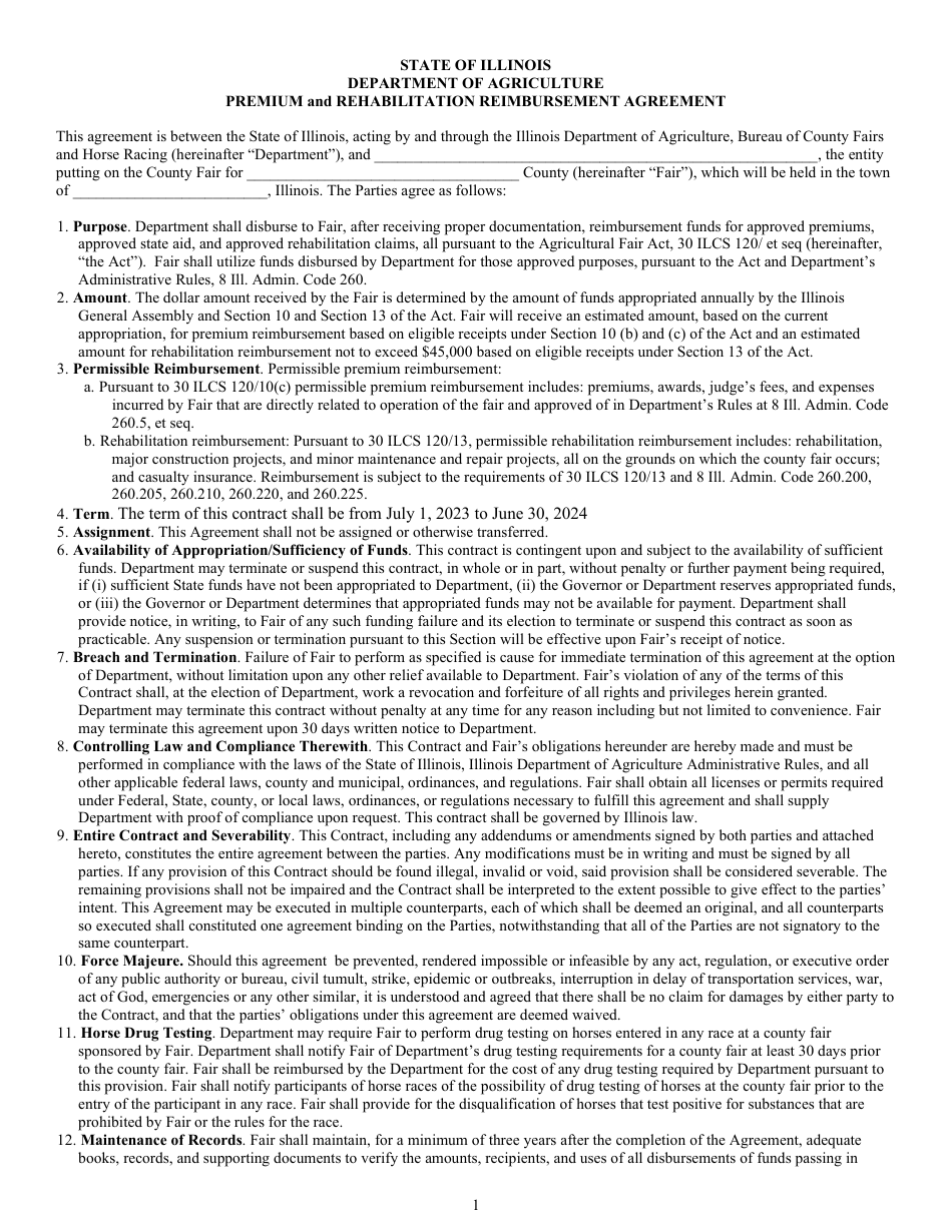 Premium and Rehabilitation Reimbursement Agreement - Illinois, Page 1